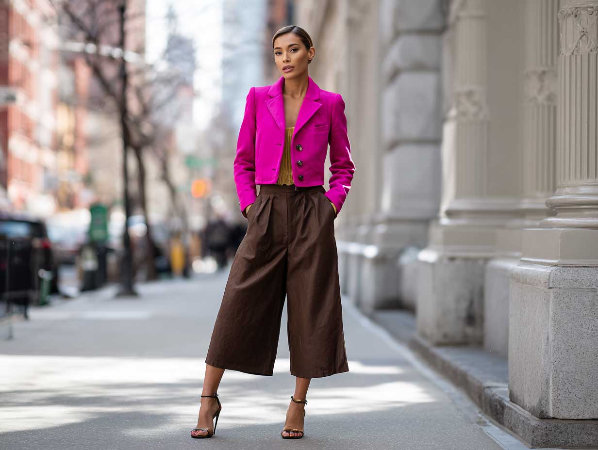 confident woman on a city sidewalk, wearing a fuchsia cropped blazer, chocolate brown culotte pants, heeled sandals, natural makeup, short hair or low bun, full-body editorial-style street fashion photo, bright daylight, standing pose only