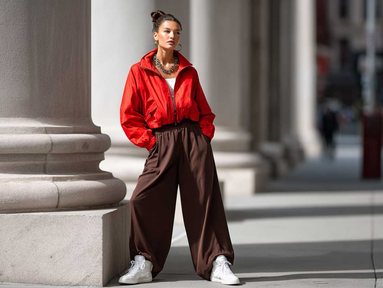 confident urban woman, bold red windbreaker jacket, chocolate brown wide-leg joggers, white high-top sneakers, standing on a city sidewalk, strong natural light, sleek ponytail, contemporary streetwear fashion, full-body outfit shot, no sitting