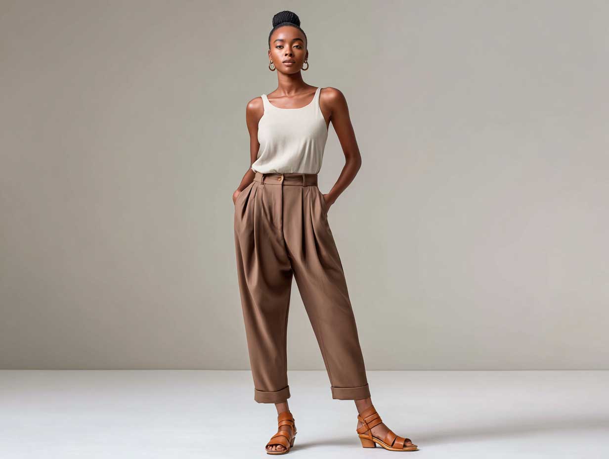 elegant woman standing against a neutral background, wearing a soft ivory tank top, high-waisted straight-leg brown trousers, minimal makeup, sleek bun, tan leather sandals, full-body minimalist fashion look, daylight, no sitting pose