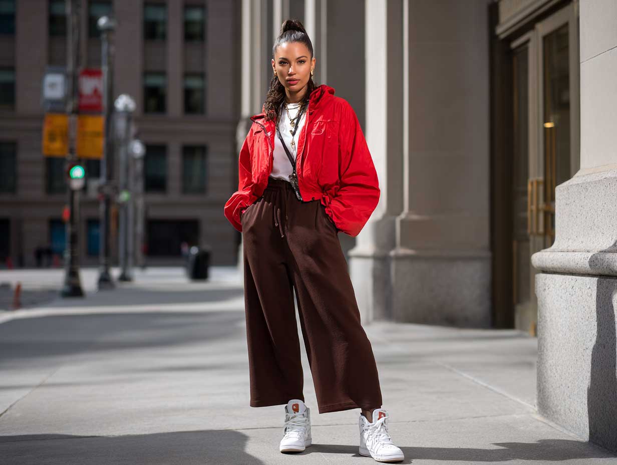 confident urban woman, bold red windbreaker jacket, chocolate brown wide-leg joggers, white high-top sneakers, standing on a city sidewalk, strong natural light, sleek ponytail, contemporary streetwear fashion, full-body outfit shot, no sitting