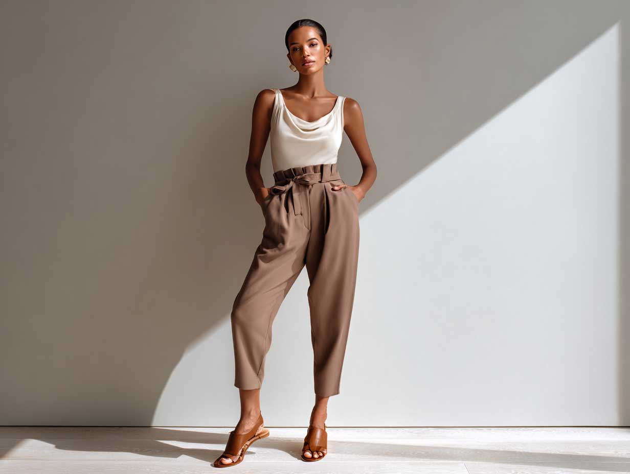 elegant woman standing against a neutral background, wearing a soft ivory tank top, high-waisted straight-leg brown trousers, minimal makeup, sleek bun, tan leather sandals, full-body minimalist fashion look, daylight, no sitting pose