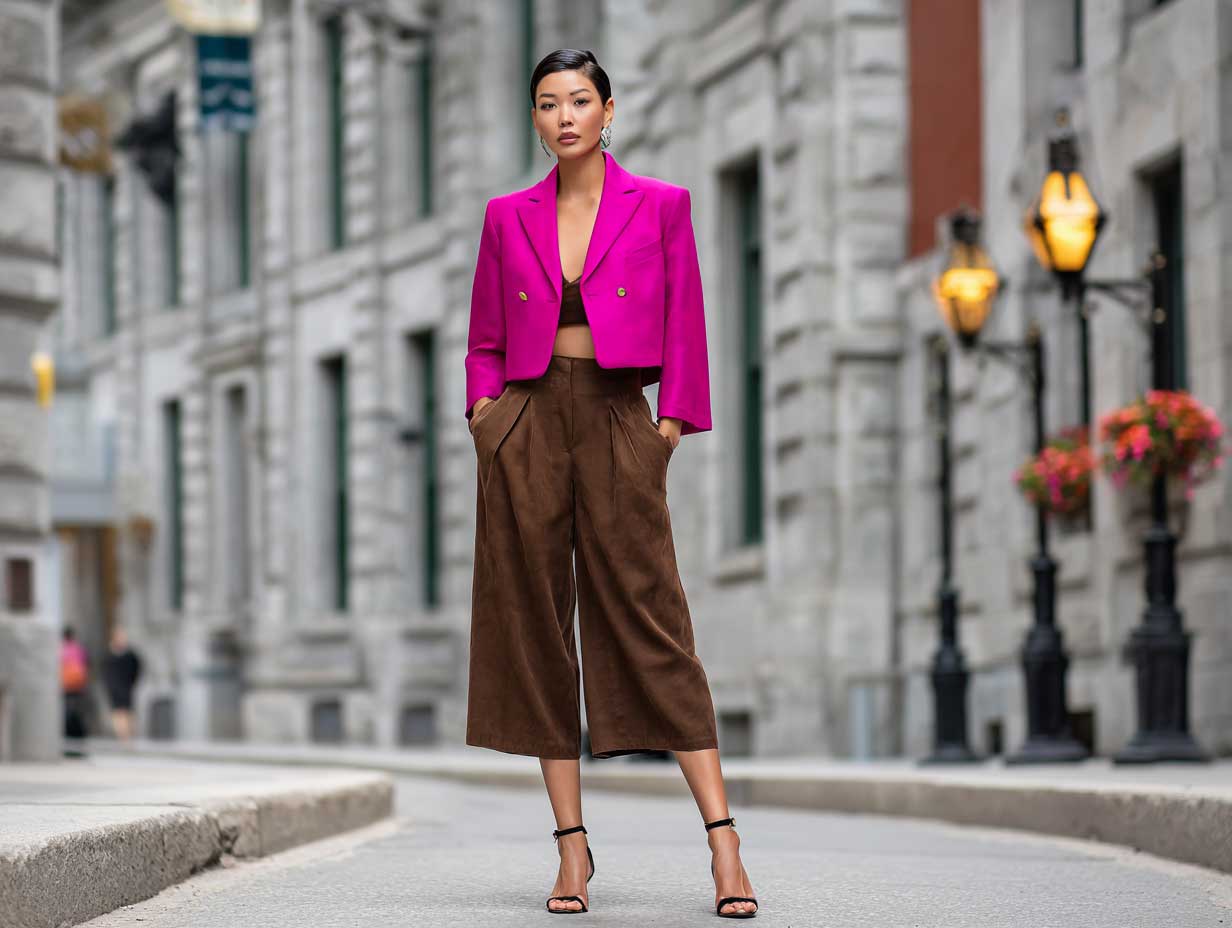 confident woman on a city sidewalk, wearing a fuchsia cropped blazer, chocolate brown culotte pants, heeled sandals, natural makeup, short hair or low bun, full-body editorial-style street fashion photo, bright daylight, standing pose only