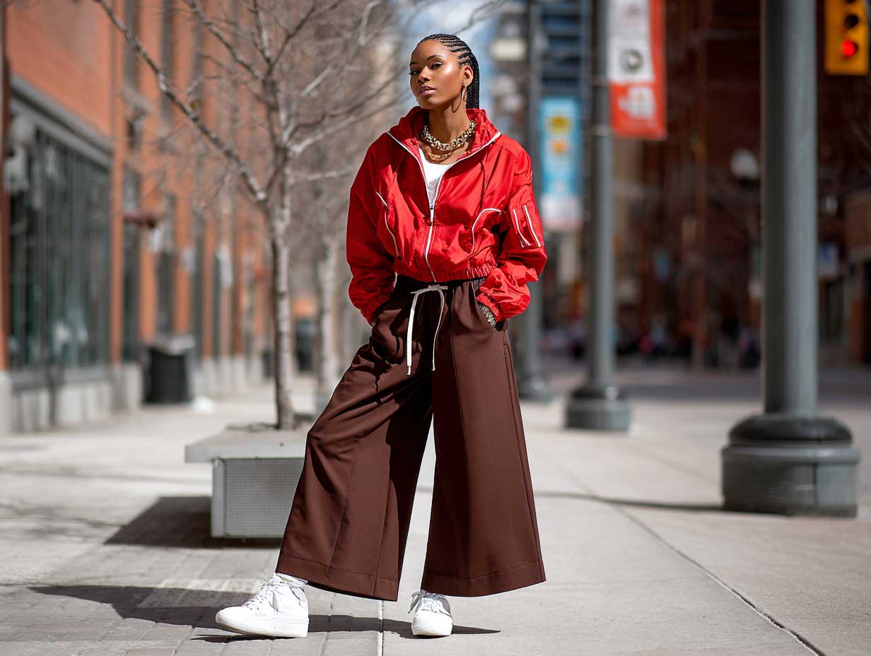 confident urban woman, bold red windbreaker jacket, chocolate brown wide-leg joggers, white high-top sneakers, standing on a city sidewalk, strong natural light, sleek ponytail, contemporary streetwear fashion, full-body outfit shot, no sitting
