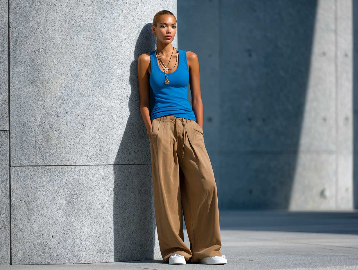 modern woman standing near a concrete building, cobalt blue tank top, wide-leg brown trousers, clean white sneakers, no jewelry, pulled-back hair, strong lines, urban background, minimalist summer style, full-body fashion photo, no sitting