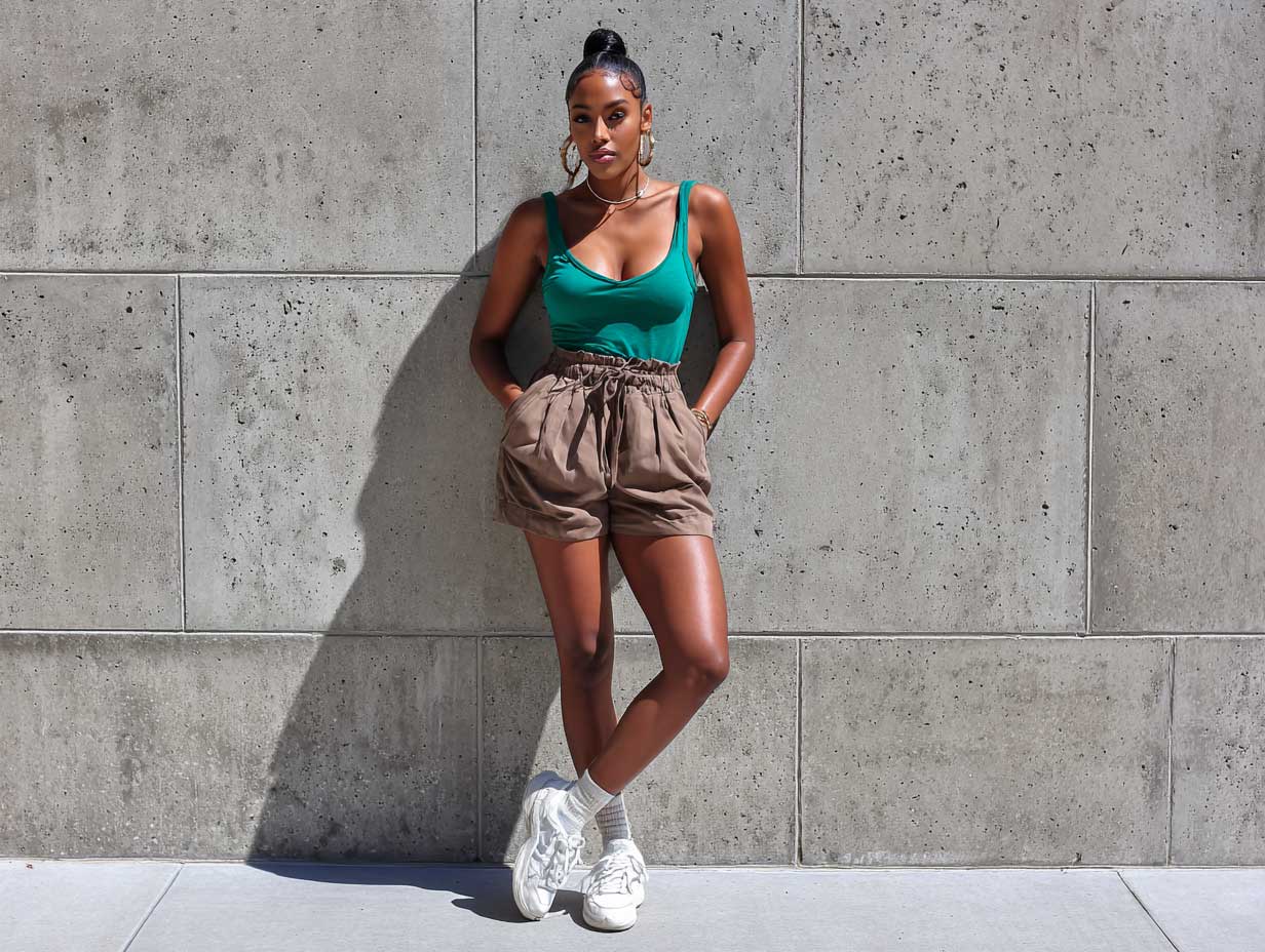 fashion-forward woman standing in front of a concrete wall, wearing an emerald green tank top, high-waisted brown paperbag shorts, white sneakers, sleek ponytail, no accessories, sunny urban setting, clean styling, full-body pose, no sitting