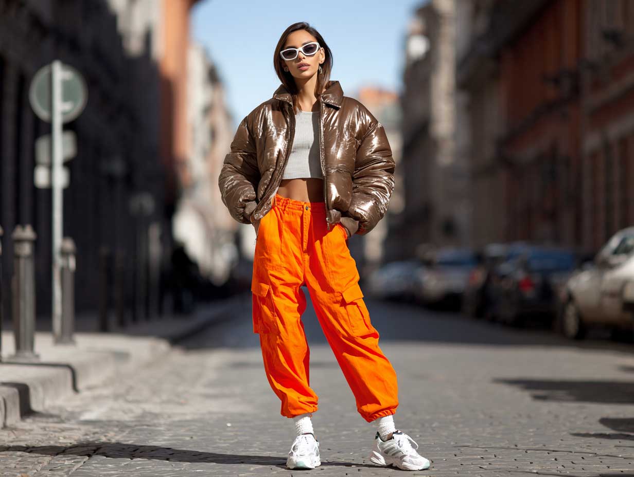 fashion-forward streetwear woman, sleek brown bomber jacket, neon orange cargo pants, cropped metallic puffer vest, urban background, futuristic sunglasses, stylish pose, full-body outfit photography