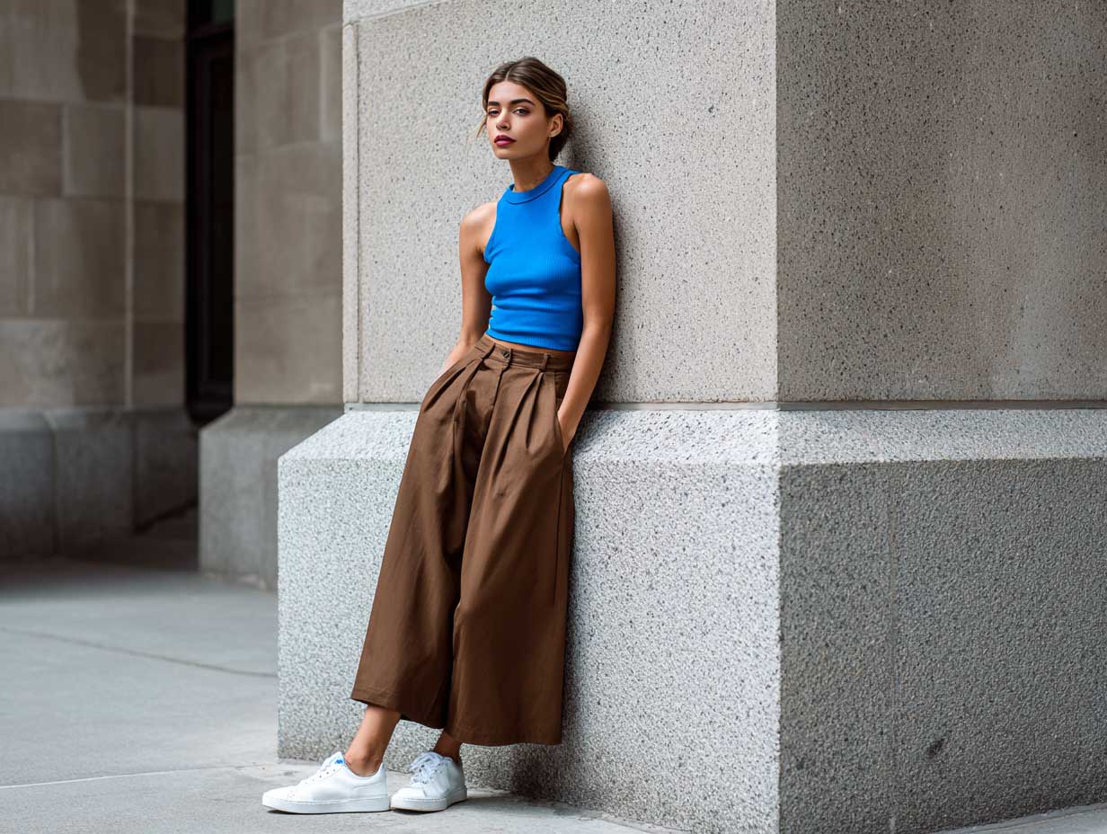 modern woman standing near a concrete building, cobalt blue tank top, wide-leg brown trousers, clean white sneakers, no jewelry, pulled-back hair, strong lines, urban background, minimalist summer style, full-body fashion photo, no sitting