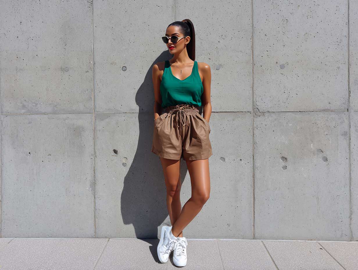 fashion-forward woman standing in front of a concrete wall, wearing an emerald green tank top, high-waisted brown paperbag shorts, white sneakers, sleek ponytail, no accessories, sunny urban setting, clean styling, full-body pose, no sitting