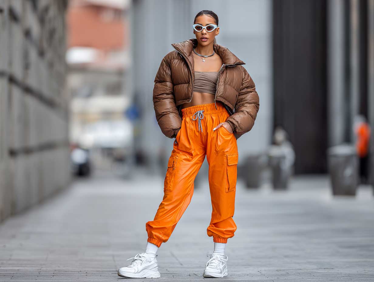 fashion-forward streetwear woman, sleek brown bomber jacket, neon orange cargo pants, cropped metallic puffer vest, urban background, futuristic sunglasses, stylish pose, full-body outfit photography