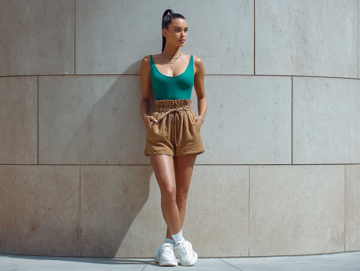 fashion-forward woman standing in front of a concrete wall, wearing an emerald green tank top, high-waisted brown paperbag shorts, white sneakers, sleek ponytail, no accessories, sunny urban setting, clean styling, full-body pose, no sitting