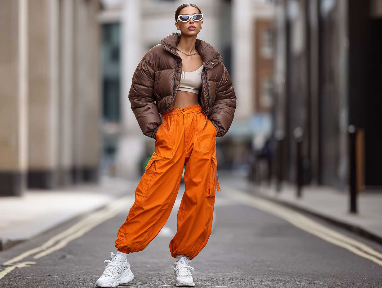 fashion-forward streetwear woman, sleek brown bomber jacket, neon orange cargo pants, cropped metallic puffer vest, urban background, futuristic sunglasses, stylish pose, full-body outfit photography