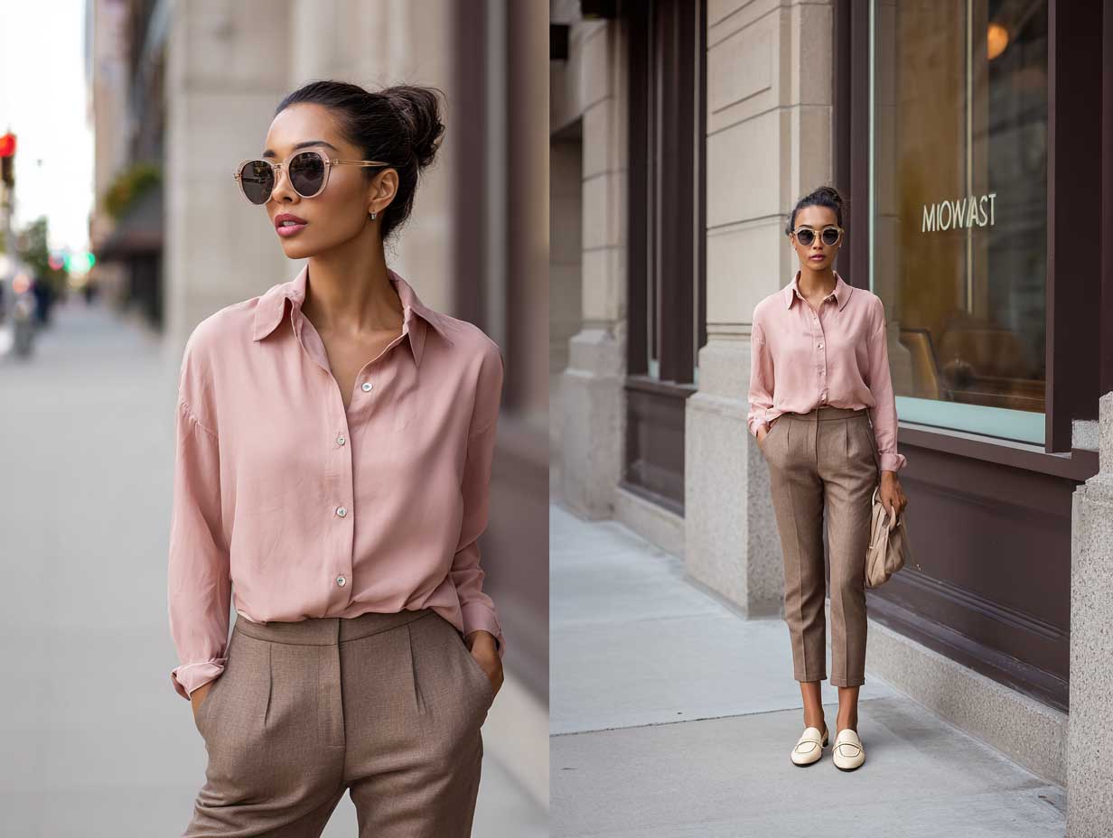 stylish woman standing on a city sidewalk, wearing a blush pink button-up shirt, slim brown cigarette pants, minimal accessories, beige loafers, low bun hairstyle, modern minimalist outfit, soft daylight, full-body shot, no sitting posture