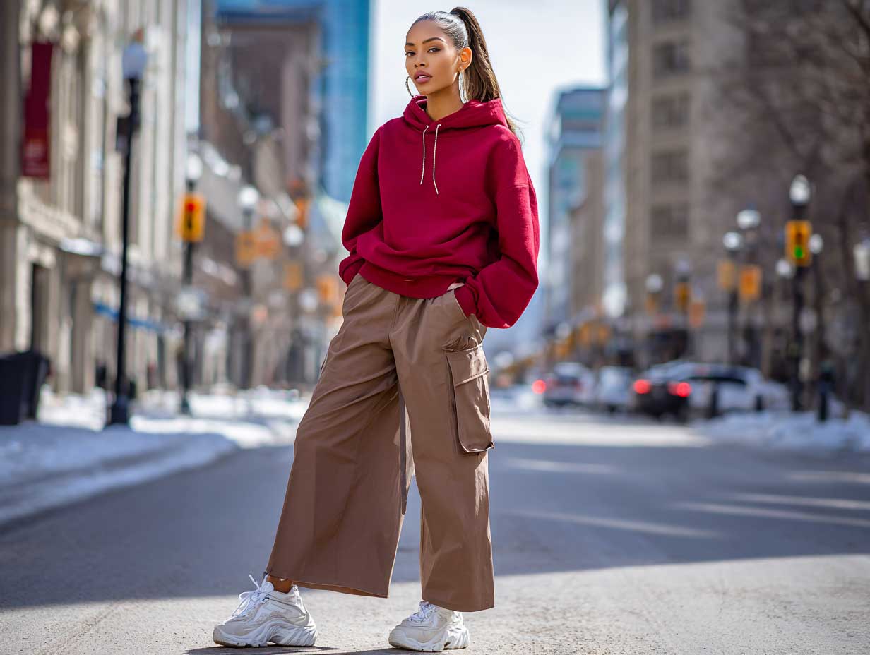 stylish woman standing confidently on a city street, wearing a cherry red hoodie, brown utility trousers with side pockets, chunky white sneakers, sleek high ponytail, minimal accessories, strong sunlight, urban background, full-body shot, no sitting