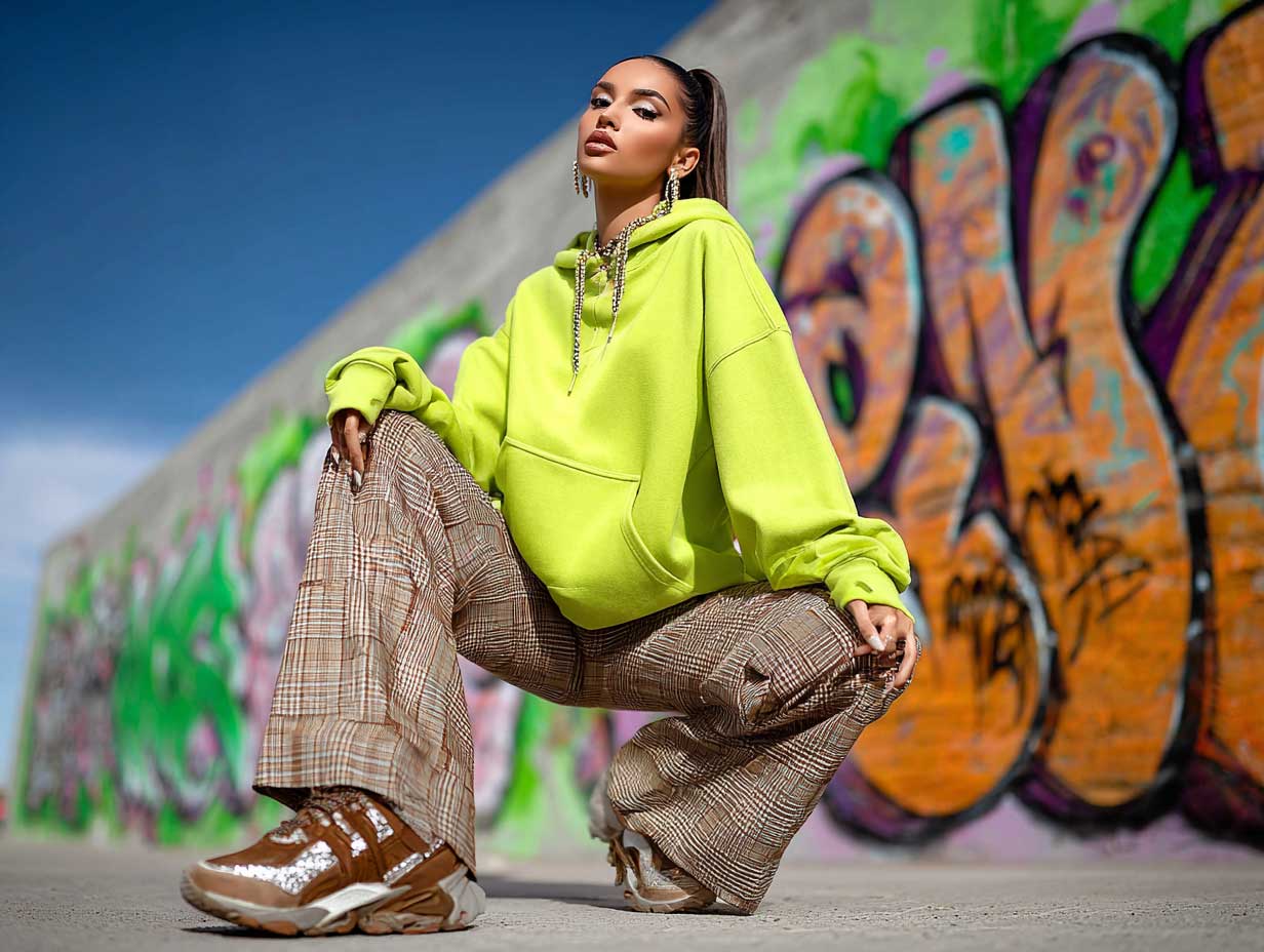urban streetwear girl, lime green oversized hoodie, brown and tan plaid pants, minimal makeup, graffiti wall, contemporary outfit, brown sneakers, confident pose, editorial lighting