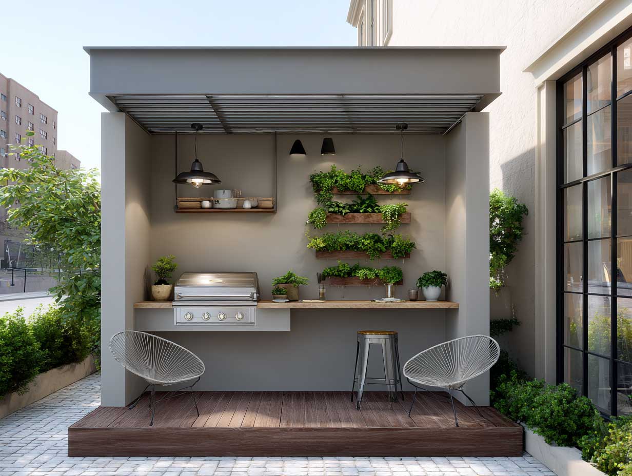 compact outdoor kitchen with wall-mounted grill, fold-down wooden countertop, slim roof cover, urban patio setting, vertical herb garden, modern outdoor furniture, soft ambient lighting