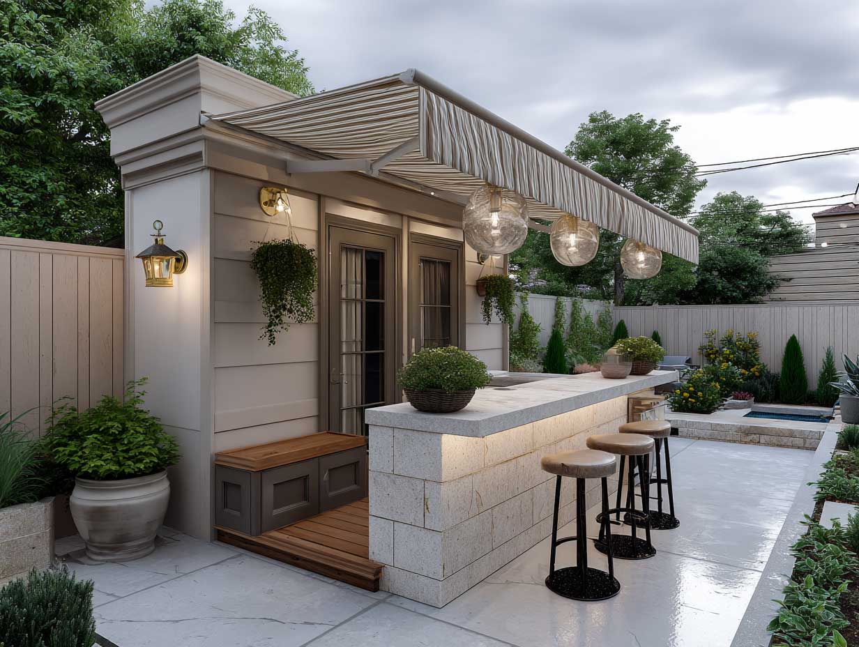 space-saving outdoor kitchen with built-in wooden bench seating, compact stone storage cabinets, under awning roof, small backyard design, garden border, cozy lighting