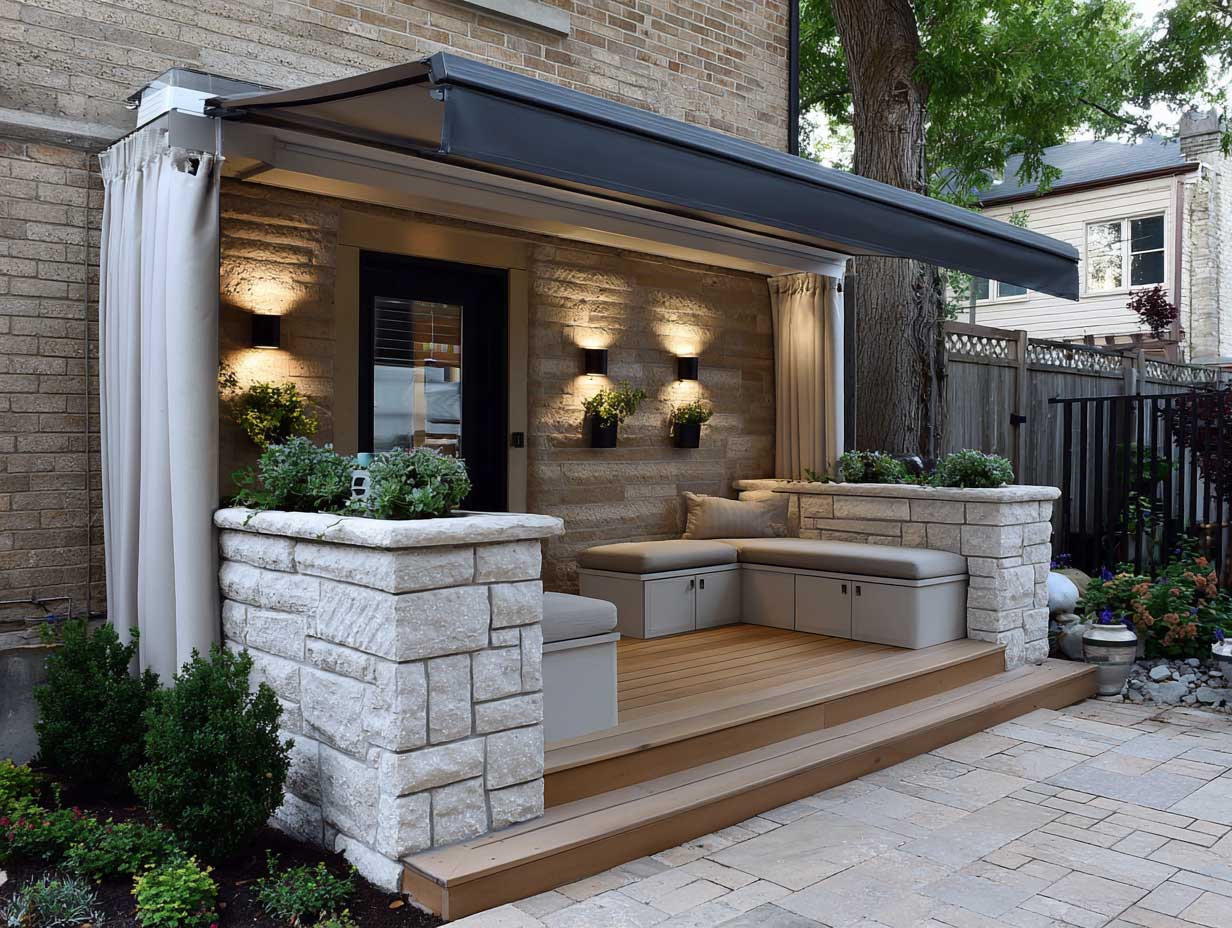 space-saving outdoor kitchen with built-in wooden bench seating, compact stone storage cabinets, under awning roof, small backyard design, garden border, cozy lighting