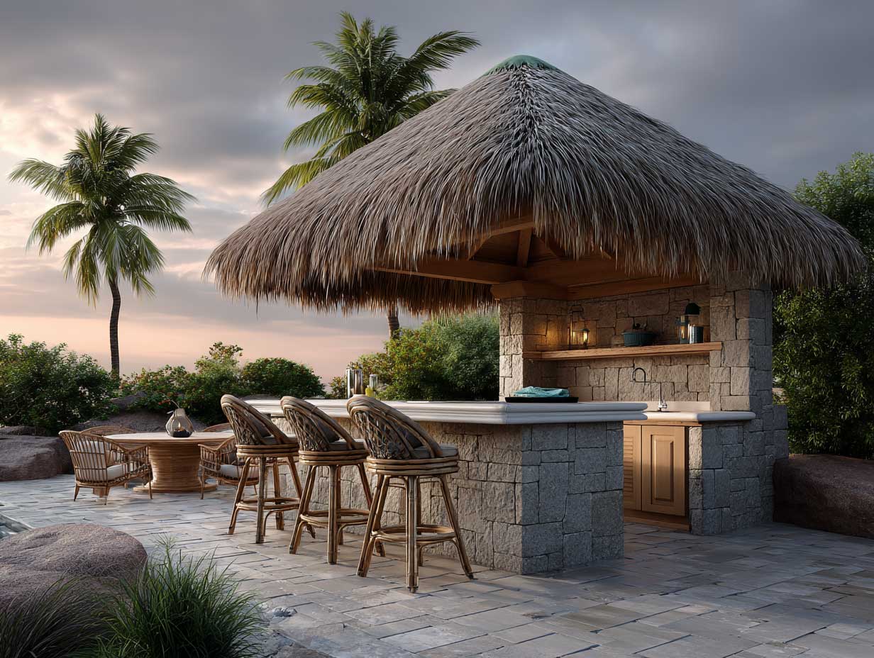 tropical outdoor kitchen with thatched roof canopy, large stone island, bamboo furniture, open-air dining setup, palm trees in background, natural materials, soft sunset lighting