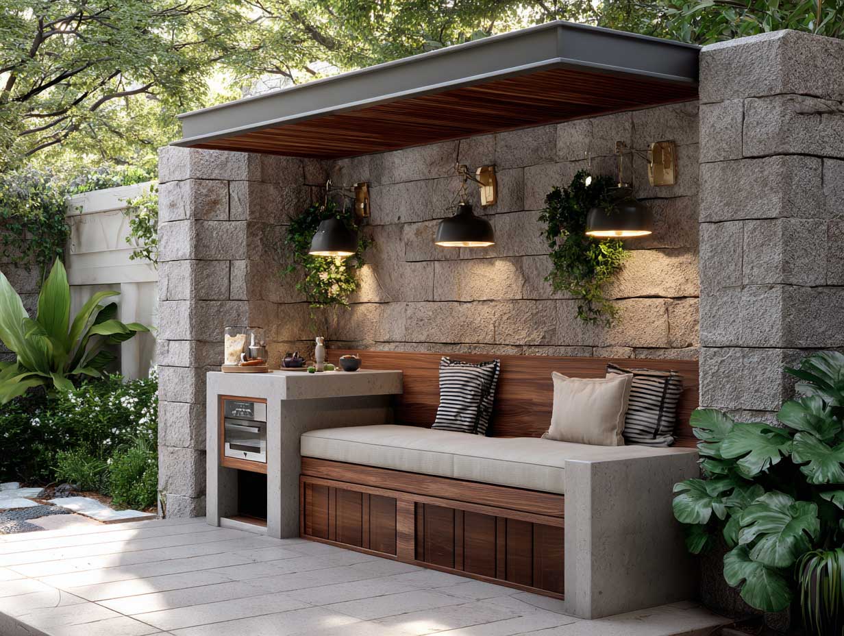 space-saving outdoor kitchen with built-in wooden bench seating, compact stone storage cabinets, under awning roof, small backyard design, garden border, cozy lighting