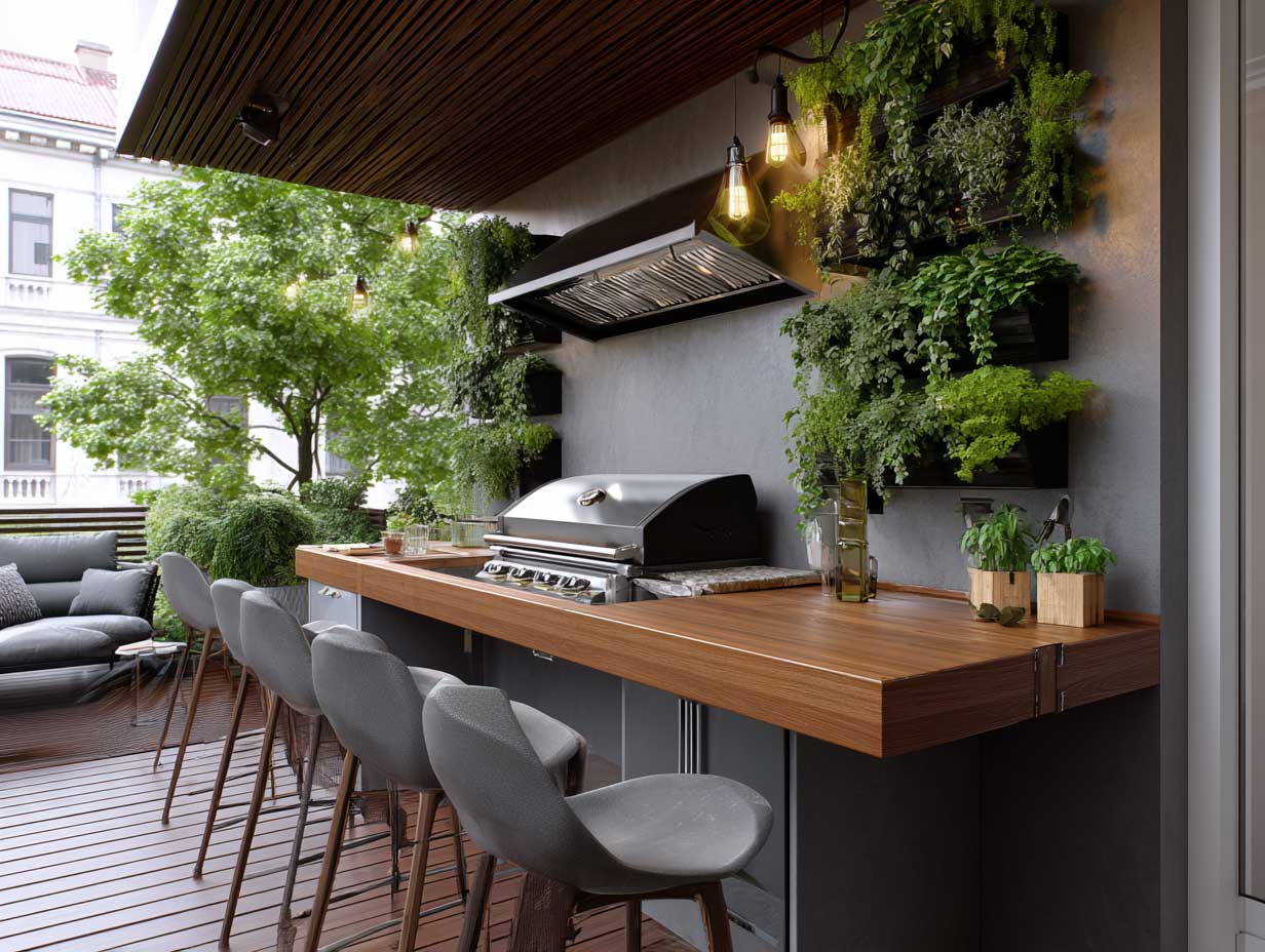 compact outdoor kitchen with wall-mounted grill, fold-down wooden countertop, slim roof cover, urban patio setting, vertical herb garden, modern outdoor furniture, soft ambient lighting