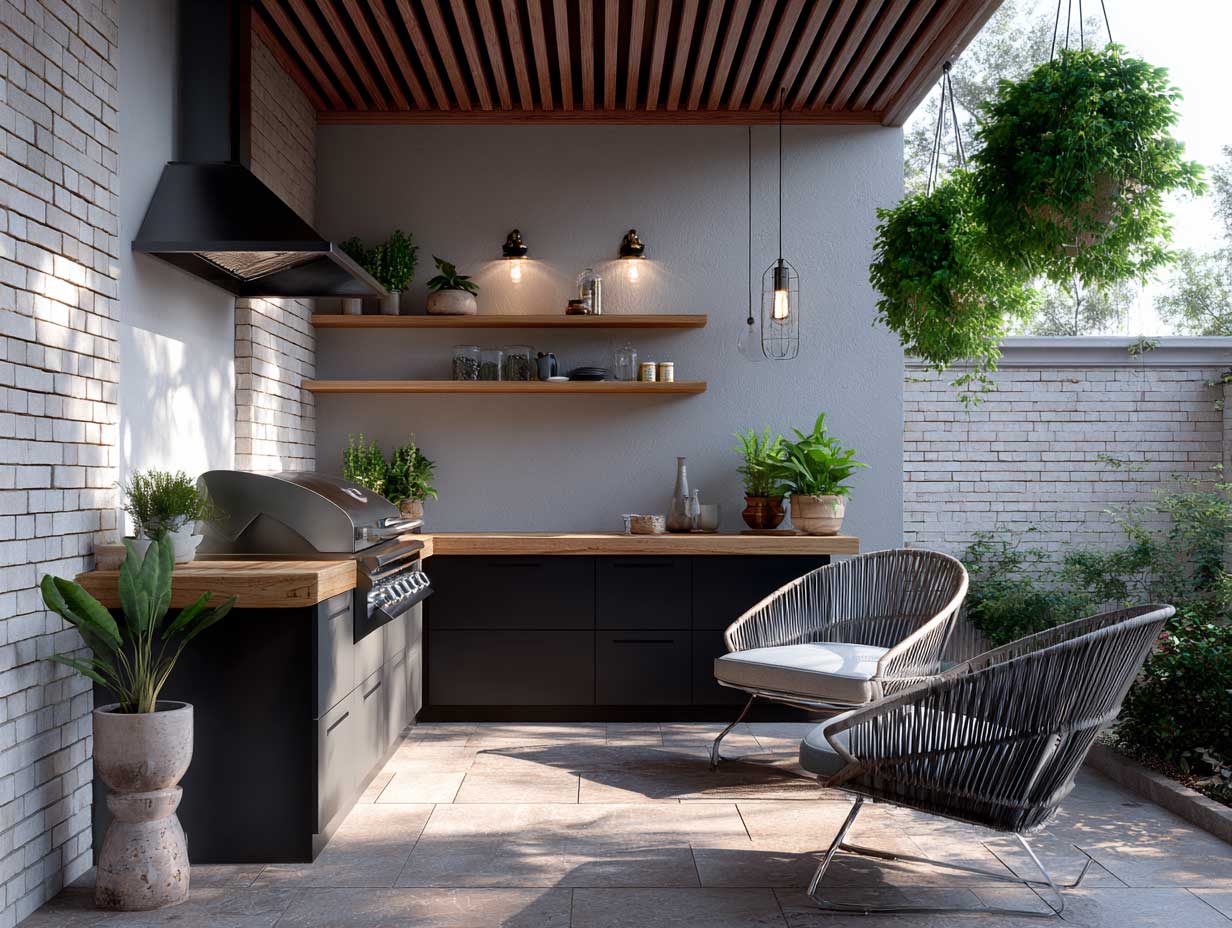 compact outdoor kitchen with wall-mounted grill, fold-down wooden countertop, slim roof cover, urban patio setting, vertical herb garden, modern outdoor furniture, soft ambient lighting
