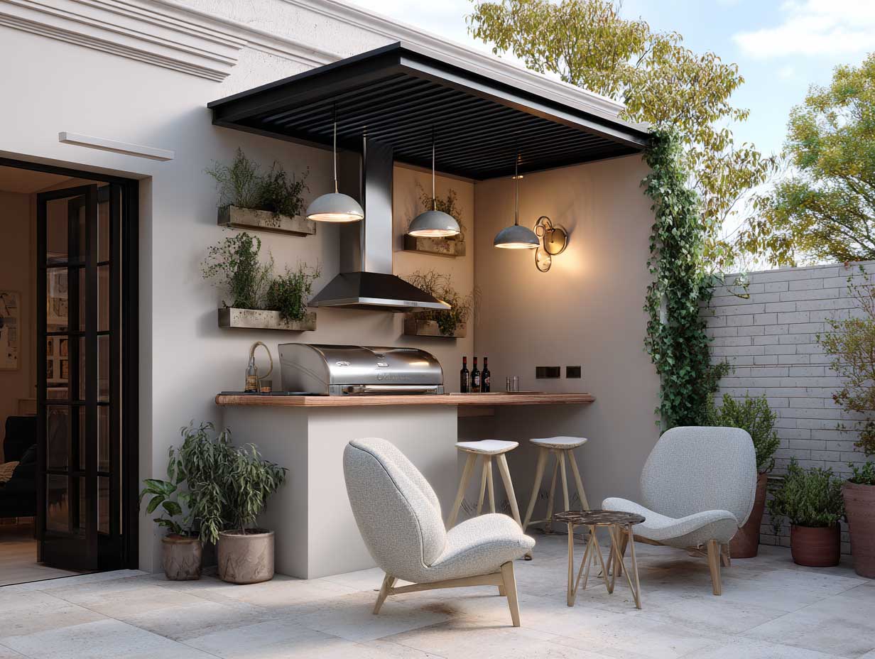compact outdoor kitchen with wall-mounted grill, fold-down wooden countertop, slim roof cover, urban patio setting, vertical herb garden, modern outdoor furniture, soft ambient lighting