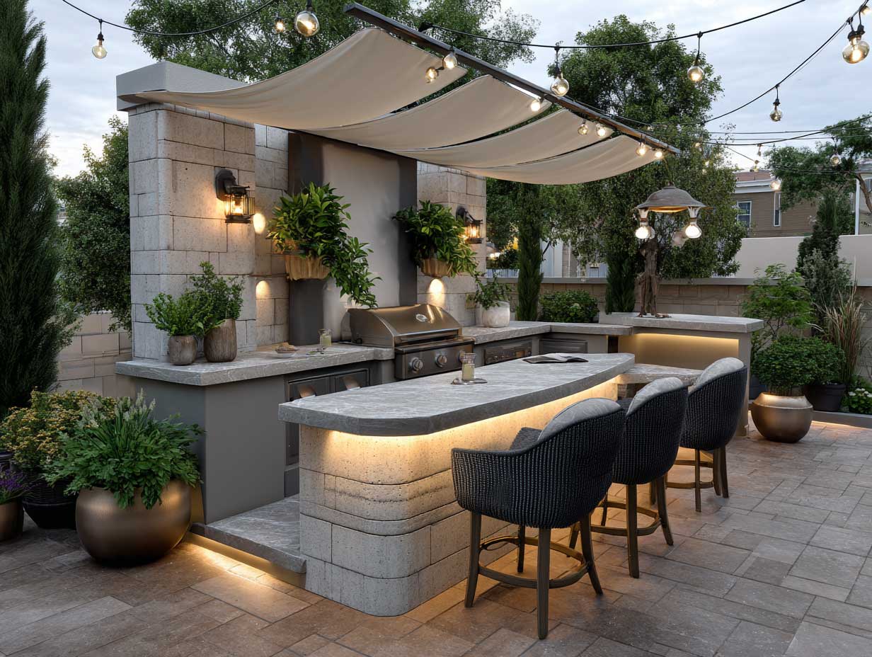 small U-shaped outdoor kitchen with sliding fabric canopy, stone countertops, compact appliances, potted plants around, cozy chairs, evening lighting, warm outdoor ambiance