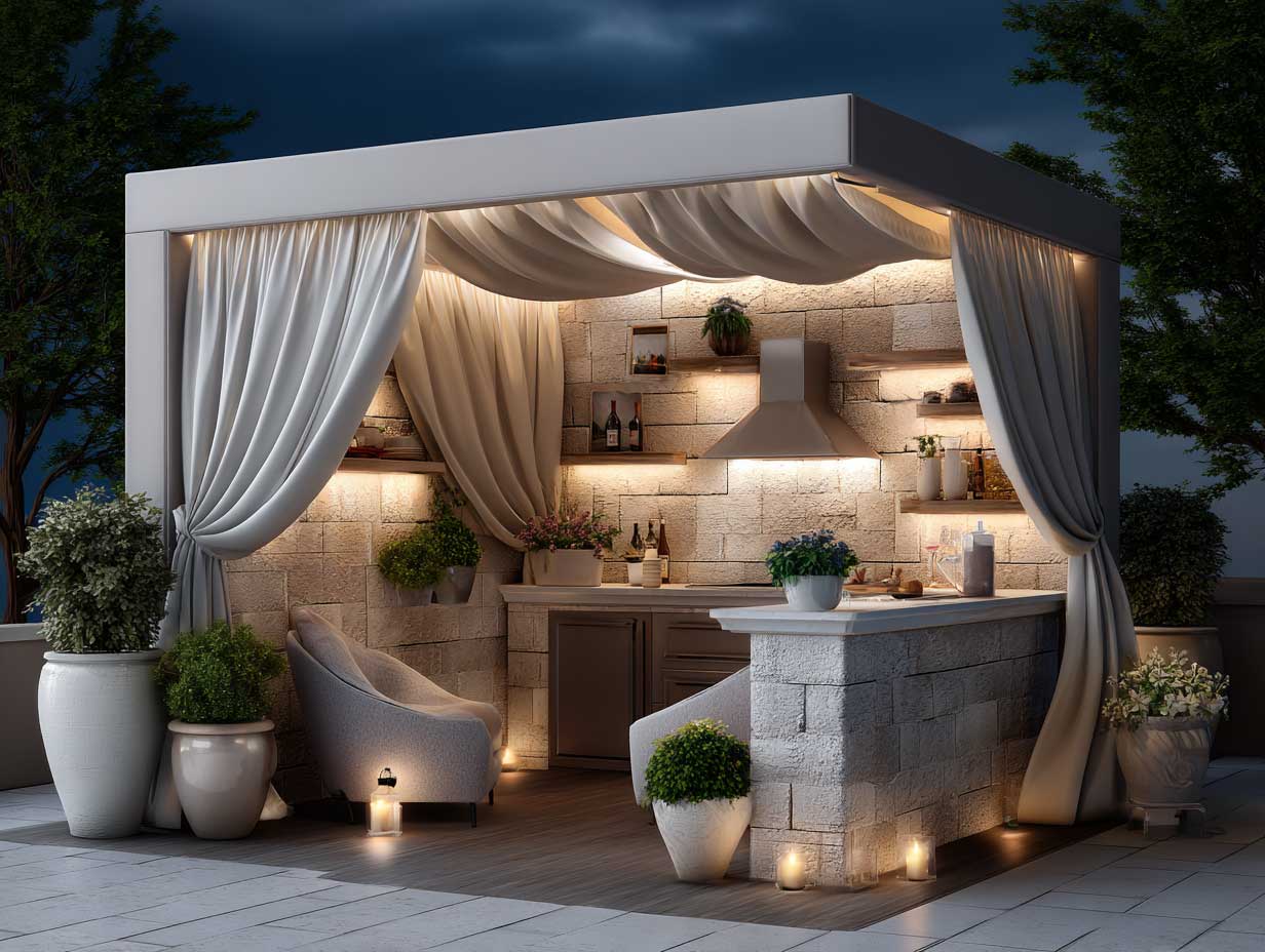 small U-shaped outdoor kitchen with sliding fabric canopy, stone countertops, compact appliances, potted plants around, cozy chairs, evening lighting, warm outdoor ambiance