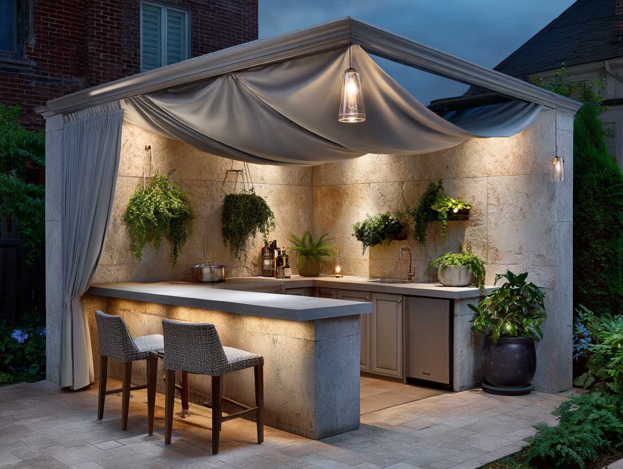 small U-shaped outdoor kitchen with sliding fabric canopy, stone countertops, compact appliances, potted plants around, cozy chairs, evening lighting, warm outdoor ambiance