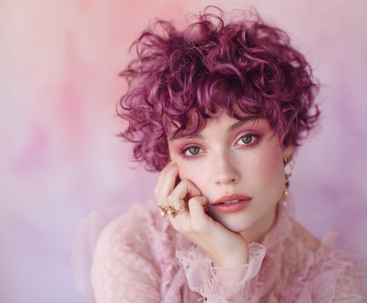 fashion photo of a woman with magenta purple curly pixie cut, wispy baby bangs, delicate curl texture, soft lighting, pastel background, romantic styling, artistic makeup