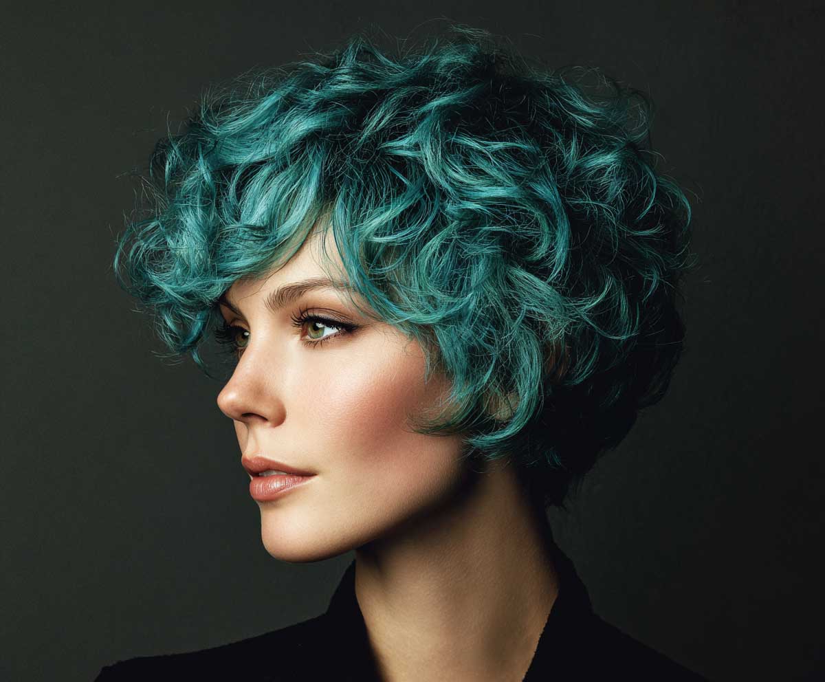high-fashion beauty portrait of a woman with an aqua teal curly pixie cut, asymmetrical layers, side-swept curls, bold color, soft natural lighting, modern styling, textured hair close-up