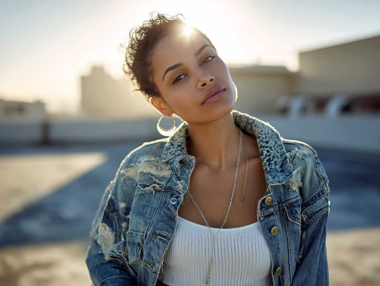 young woman wearing distressed denim jacket over a white ribbed crop top, urban rooftop setting, sun flares, relaxed fashion scene, natural pose, warm tones, cool accessories