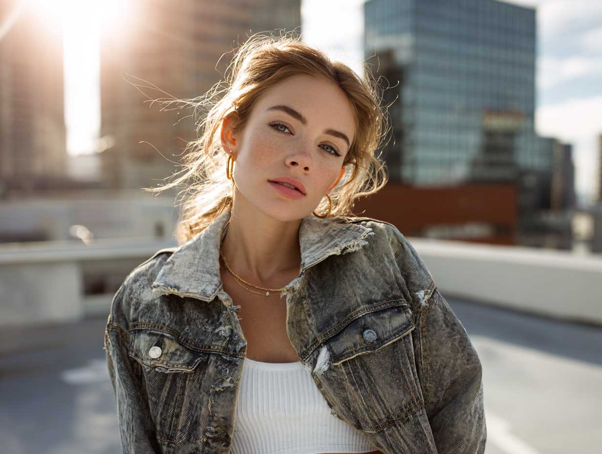 young woman wearing distressed denim jacket over a white ribbed crop top, urban rooftop setting, sun flares, relaxed fashion scene, natural pose, warm tones, cool accessories