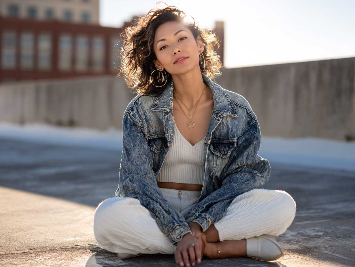 young woman wearing distressed denim jacket over a white ribbed crop top, urban rooftop setting, sun flares, relaxed fashion scene, natural pose, warm tones, cool accessories