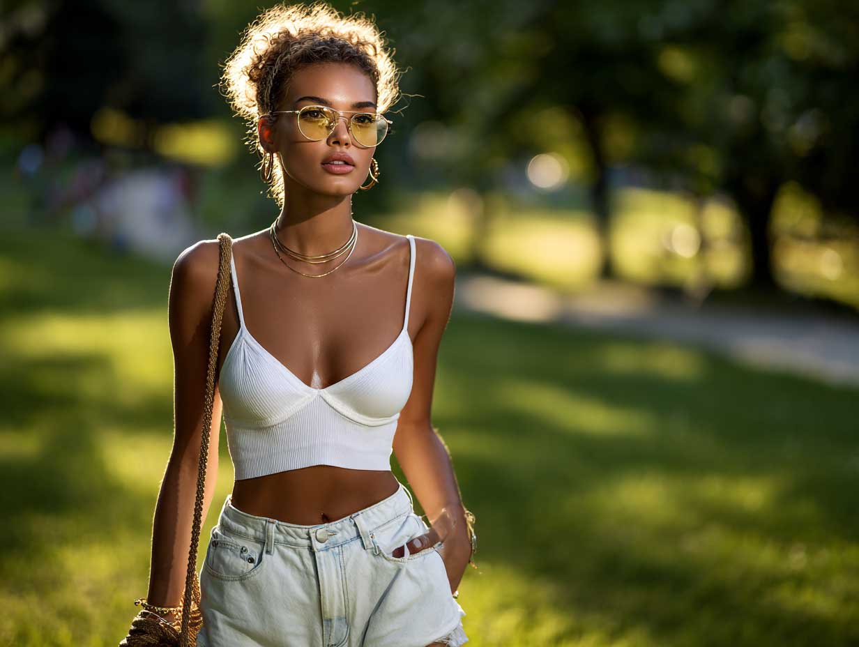 fashion photography of woman outdoors wearing high waisted light wash denim shorts and white cotton crop top, sunlit park setting, golden hour, soft shadows, summer fashion look, candid styling