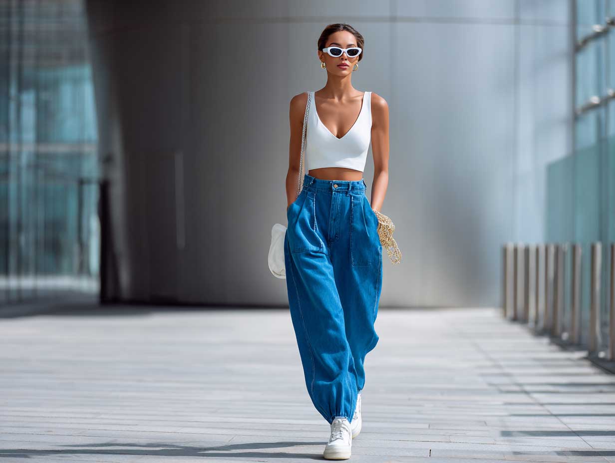 stylish woman in blue wide leg denim jeans and crisp white crop top walking in modern city street, summer lighting, fashionable vibe fashion editorial, soft wind movement
