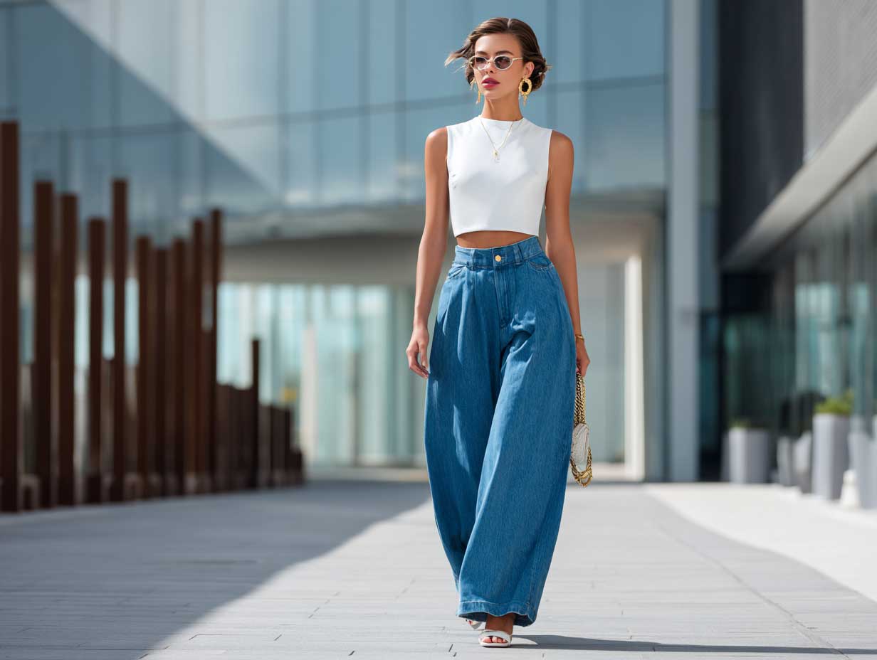 stylish woman in blue wide leg denim jeans and crisp white crop top walking in modern city street, summer lighting, fashionable vibe fashion editorial, soft wind movement