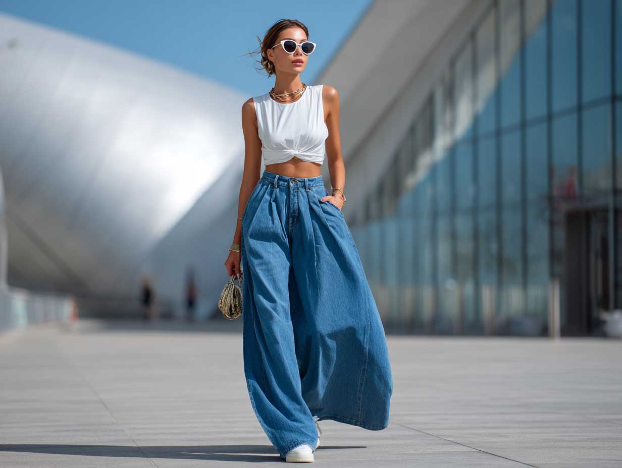 stylish woman in blue wide leg denim jeans and crisp white crop top walking in modern city street, summer lighting, fashionable vibe fashion editorial, soft wind movement