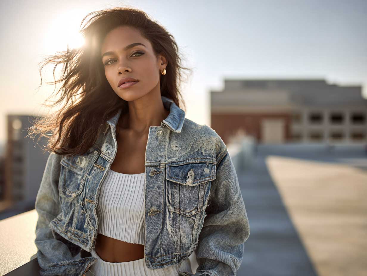 young woman wearing distressed denim jacket over a white ribbed crop top, urban rooftop setting, sun flares, relaxed fashion scene, natural pose, warm tones, cool accessories