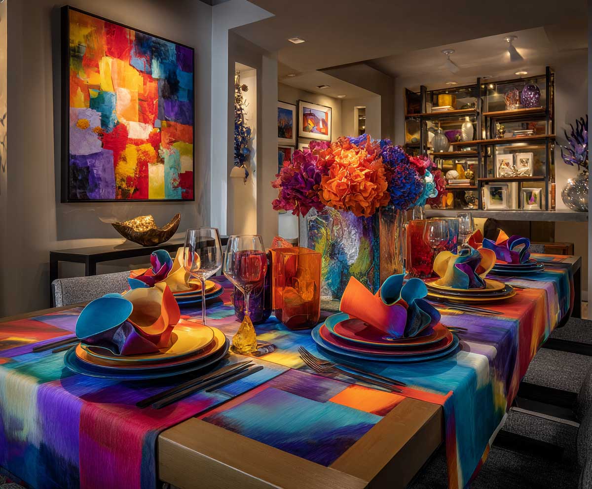 dining table setup with artistic centerpiece sculpture, colorful abstract dinnerware, bold napkin folds, modern maximalist room, gallery-style atmosphere, saturated lighting, expressive decor