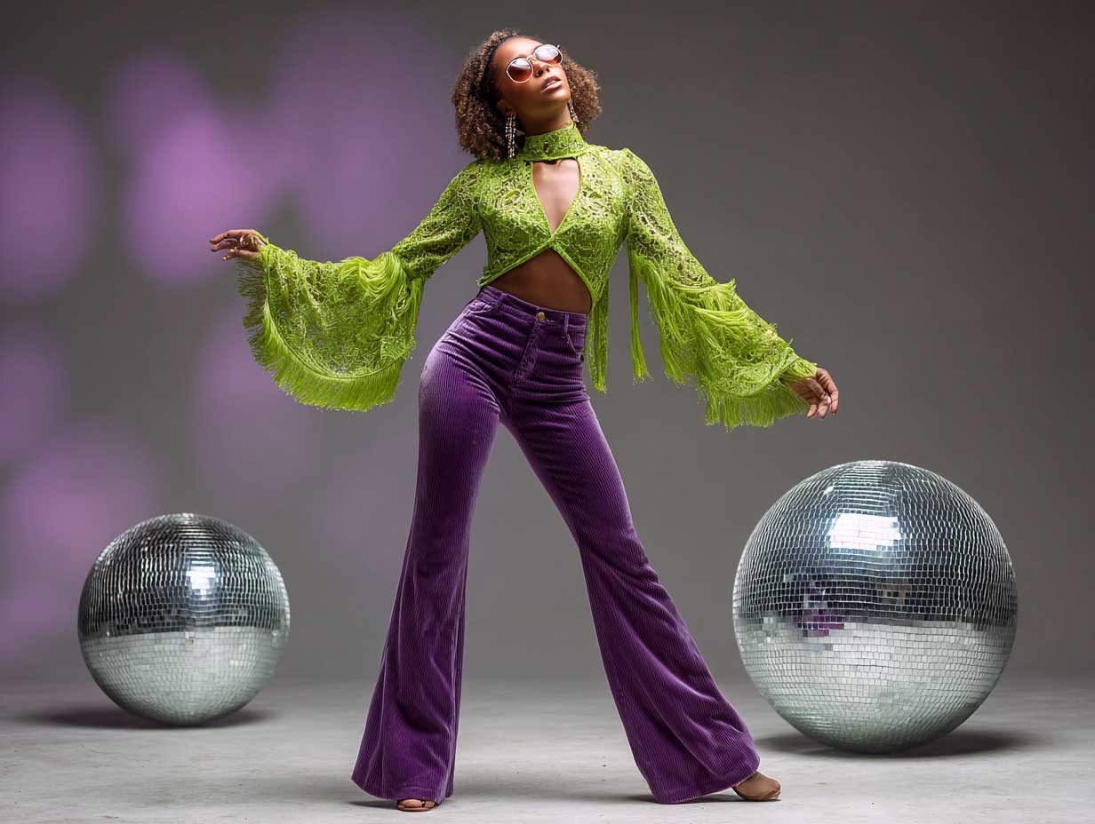 fashion model on dance floor wearing neon green fringe top and deep purple velvet flare pants, disco ball reflections, vibrant lighting, retro 70s club vibe, high detail, full-body shot, cinematic glow