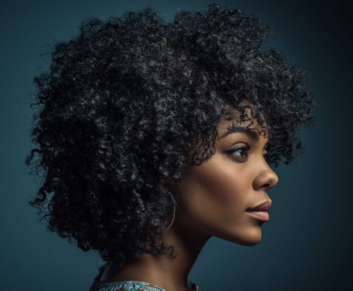side portrait of a woman with natural hair stretched using the tension method, voluminous blowout with subtle indigo tint, clean studio lighting, poised expression