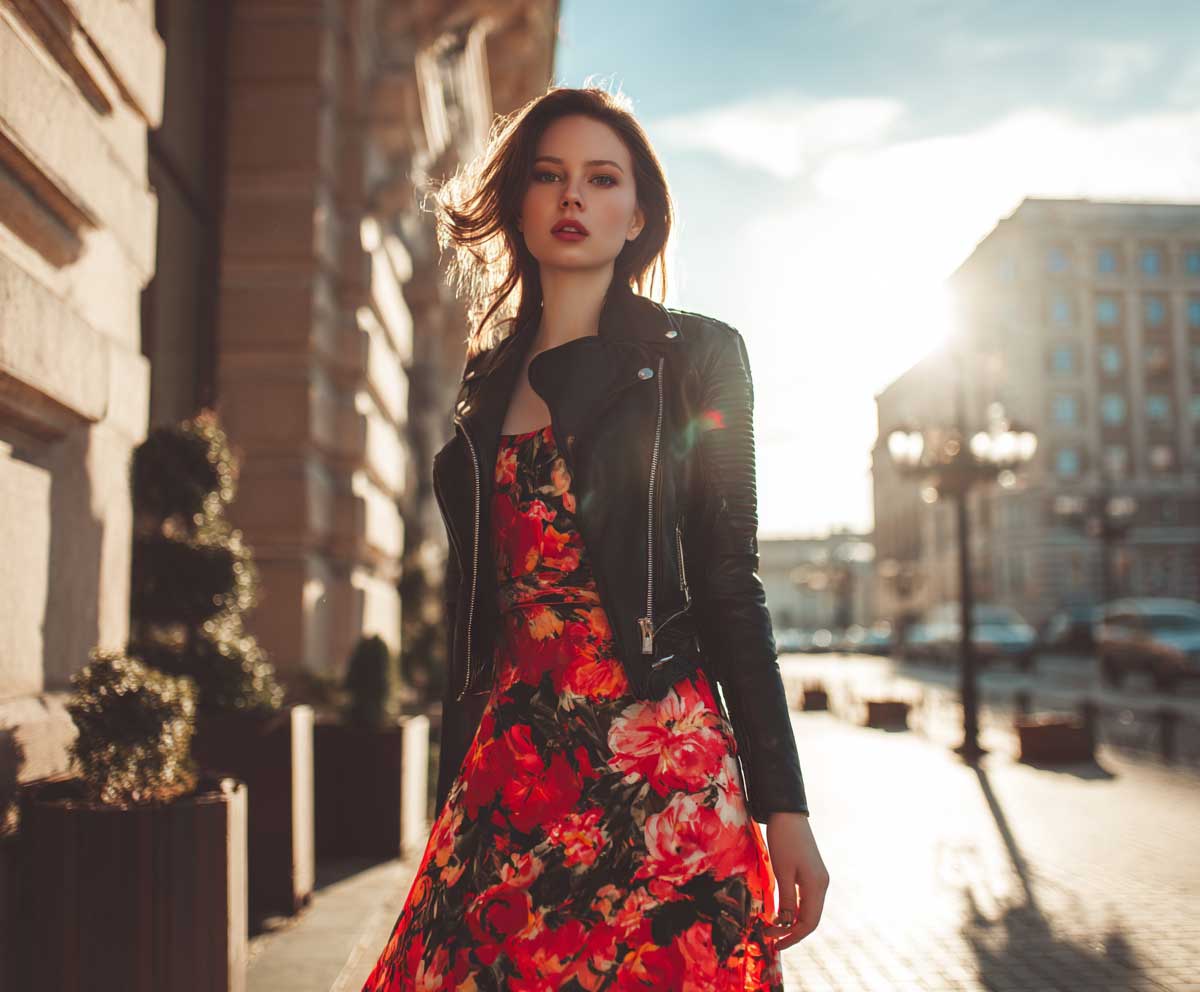 fashion-forward woman in brown leather jacket with dark floral maxi dress, ankle boots, autumn park scene, soft focus background, layered outfit look