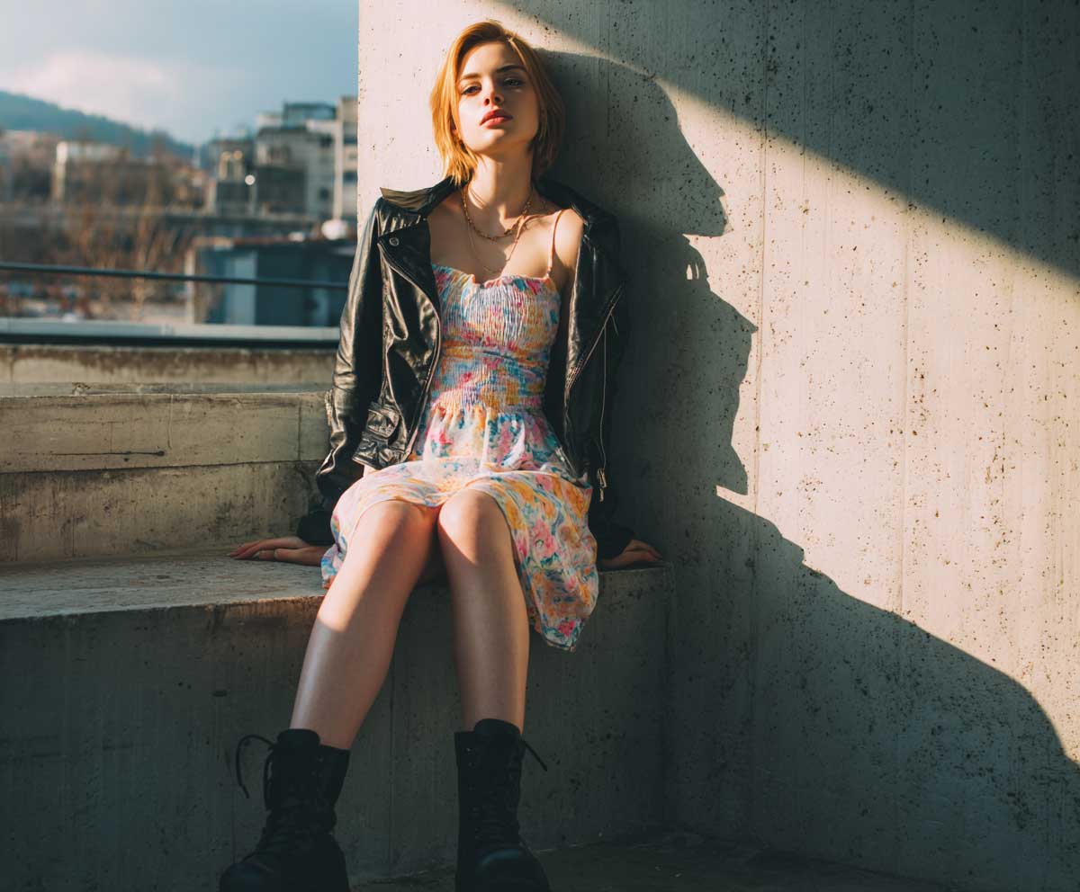 young woman in cropped leather jacket and pastel floral mini dress with black combat boots, urban backdrop, natural light, modern chic style, streetwear fashion vibe