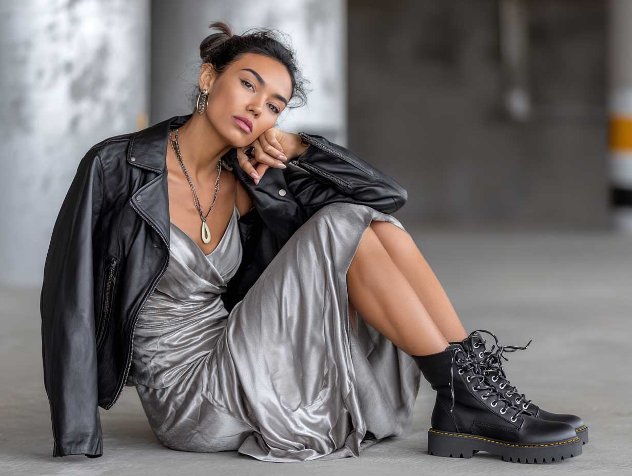 young stylish woman wearing cropped leather jacket with metallic silver slip dress and black chunky combat boots, urban setting, industrial background, bold fashion mood