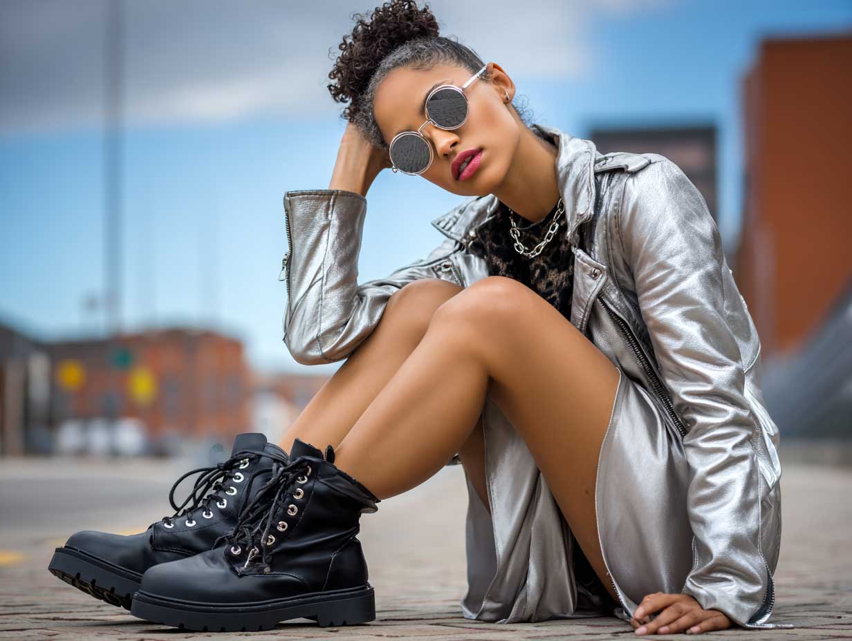 young stylish woman wearing cropped leather jacket with metallic silver slip dress and black chunky combat boots, urban setting, industrial background, bold fashion mood