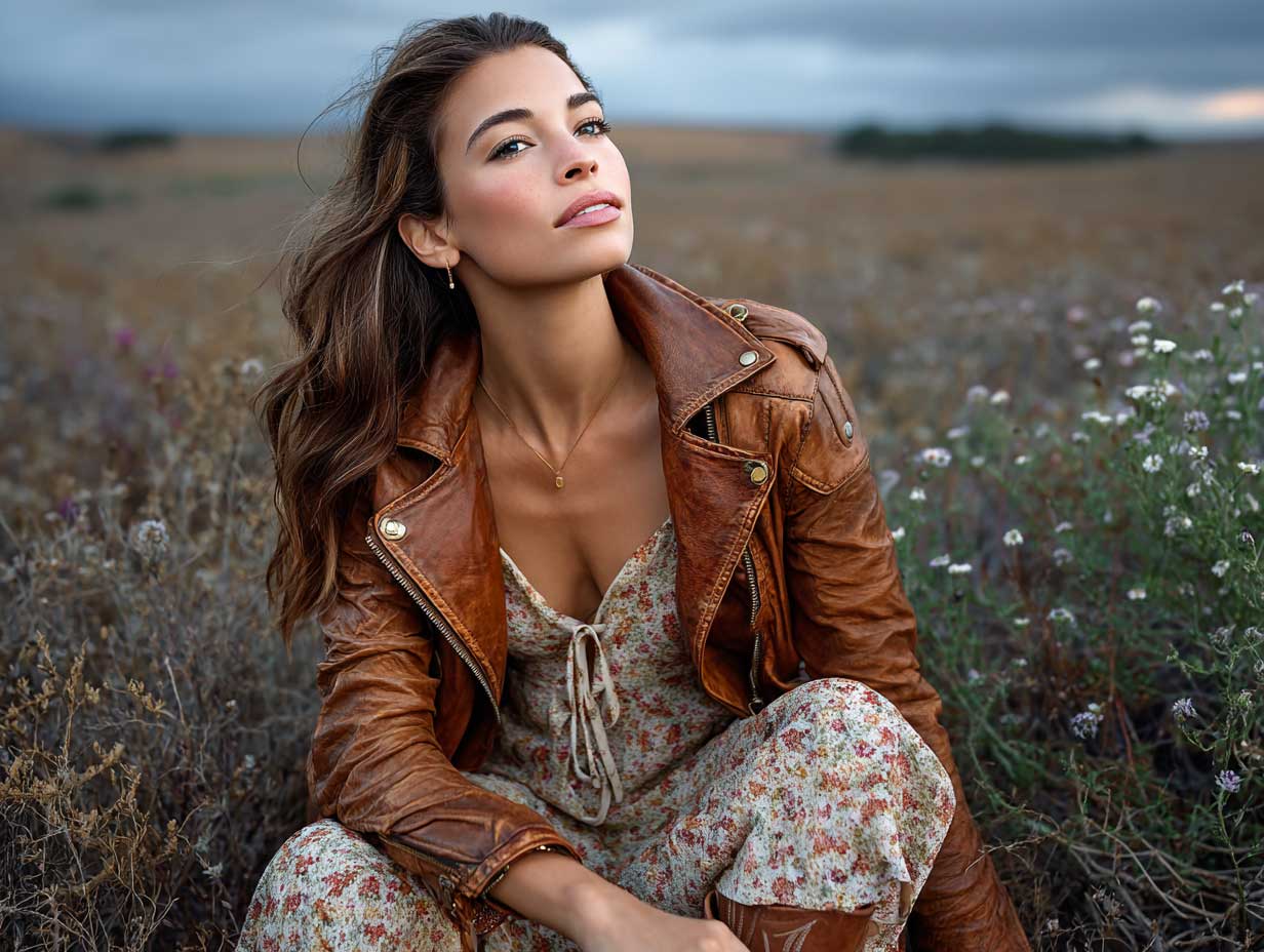 bohemian chic woman in brown leather jacket, floral slip dress, and tan western boots, rustic field at sunset, soft light, modern romantic vibe