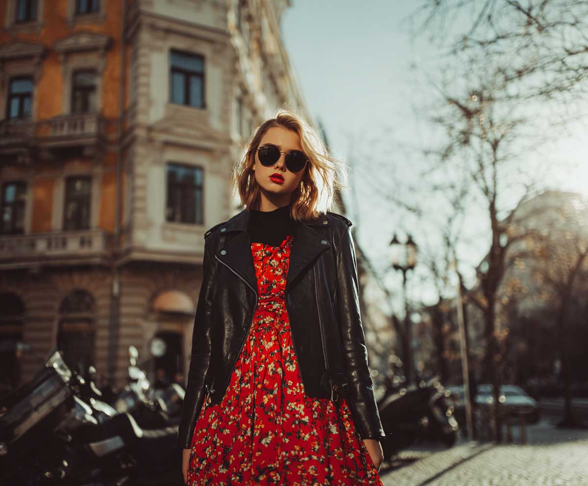 fashion-forward woman in brown leather jacket with dark floral maxi dress, ankle boots, autumn park scene, soft focus background, layered outfit look