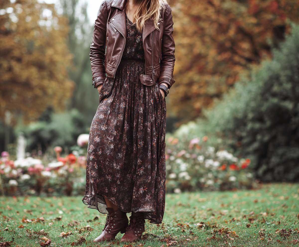 fashion-forward woman in brown leather jacket with dark floral maxi dress, ankle boots, autumn park scene, soft focus background, layered outfit look