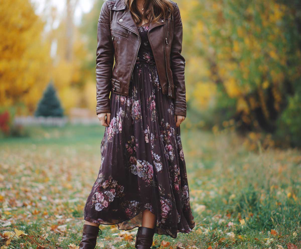 fashion-forward woman in brown leather jacket with dark floral maxi dress, ankle boots, autumn park scene, soft focus background, layered outfit look
